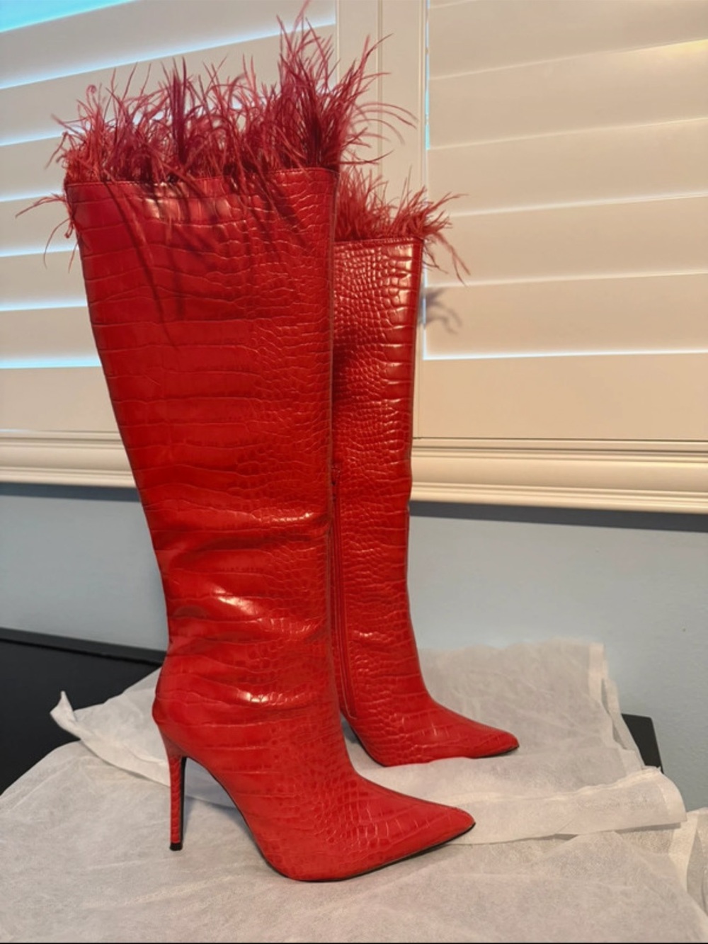 Nasty Gal Red Croc-Embossed Feather-Trim Knee Boots